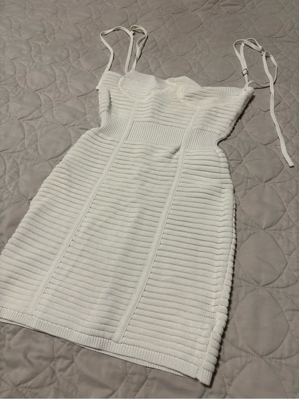 Maniere De Voir White Ribbed Mini Bodycon Dress